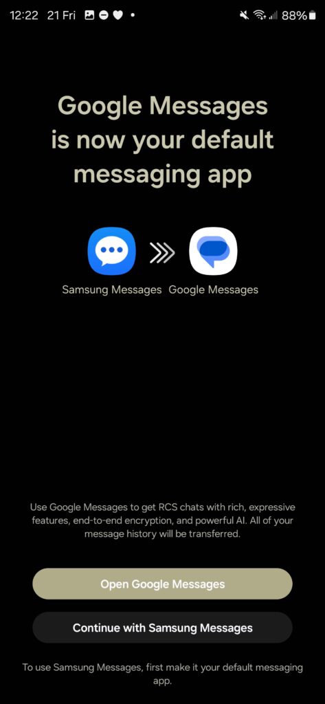 samsung messages to google messages default