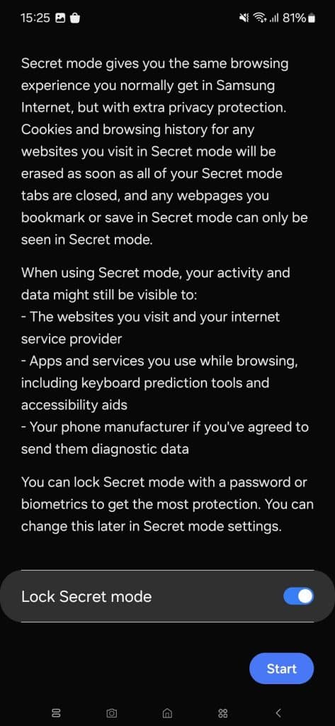 Samsung Internet Secret Mode