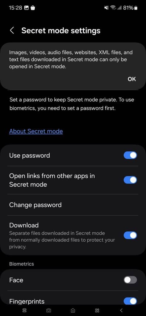 Samsung Internet Secret Mode