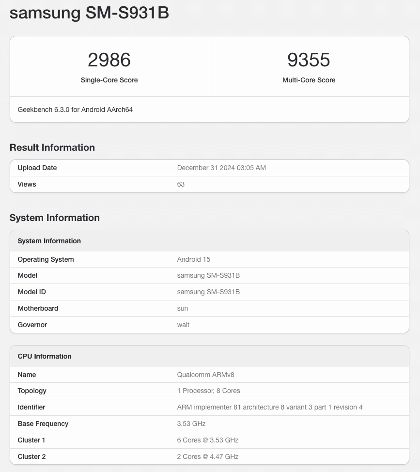 Samsung Galaxy S25 Geekbench International