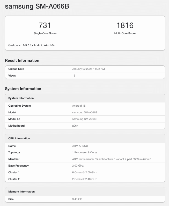 Galaxy A06 5G Geekbench SM-A066B