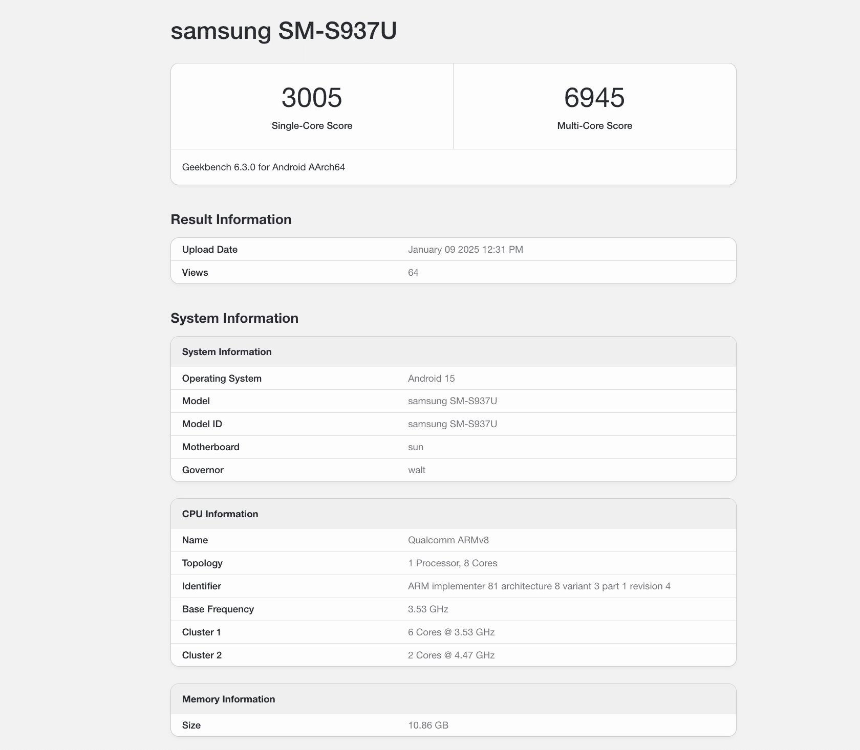 Samsung Galaxy S25 Slim US SM-S937U Geekbench