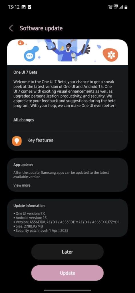 Samsung Galaxy A55 One UI 7 beta