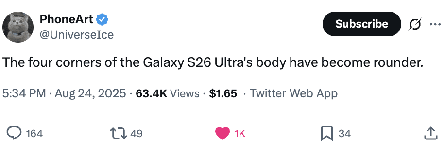 Galaxy S26 Ultra corners info leak