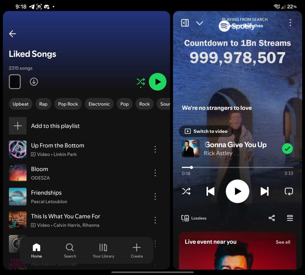 Spotify New UI on Galaxy Z Fold 7 rotated