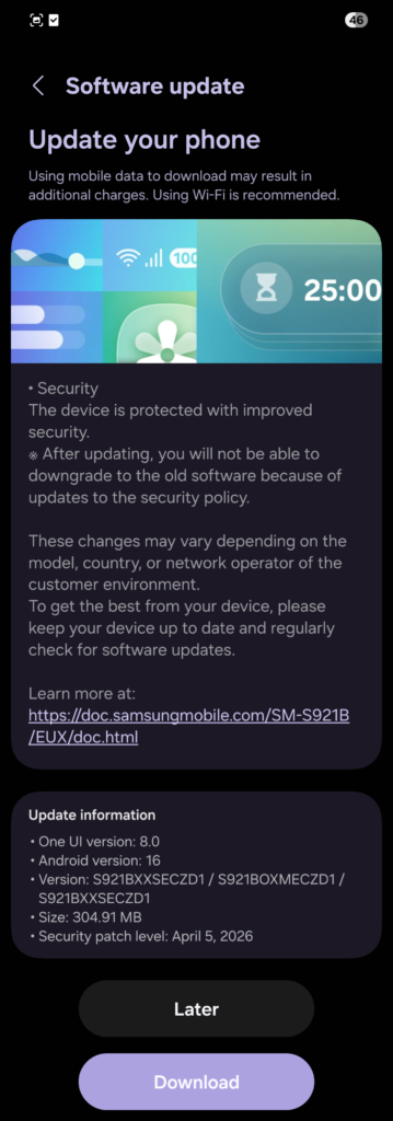 Galaxy S24 Exynos April 2026 update europe
