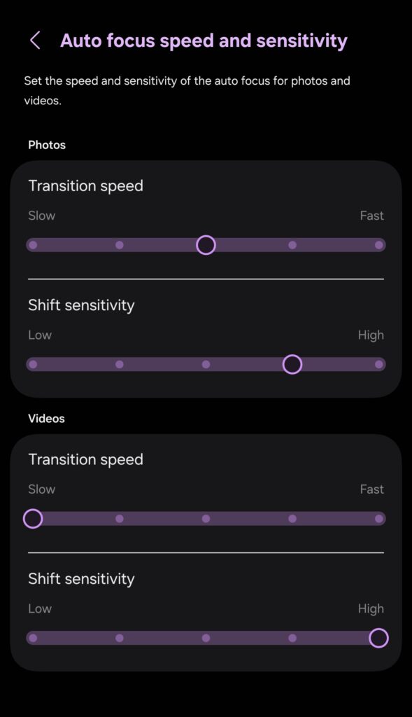Video and photo focus speed and sensitivity setup