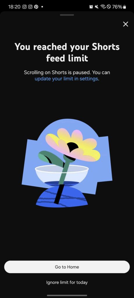 YouTube Shorts 0-minutes pop-up screen