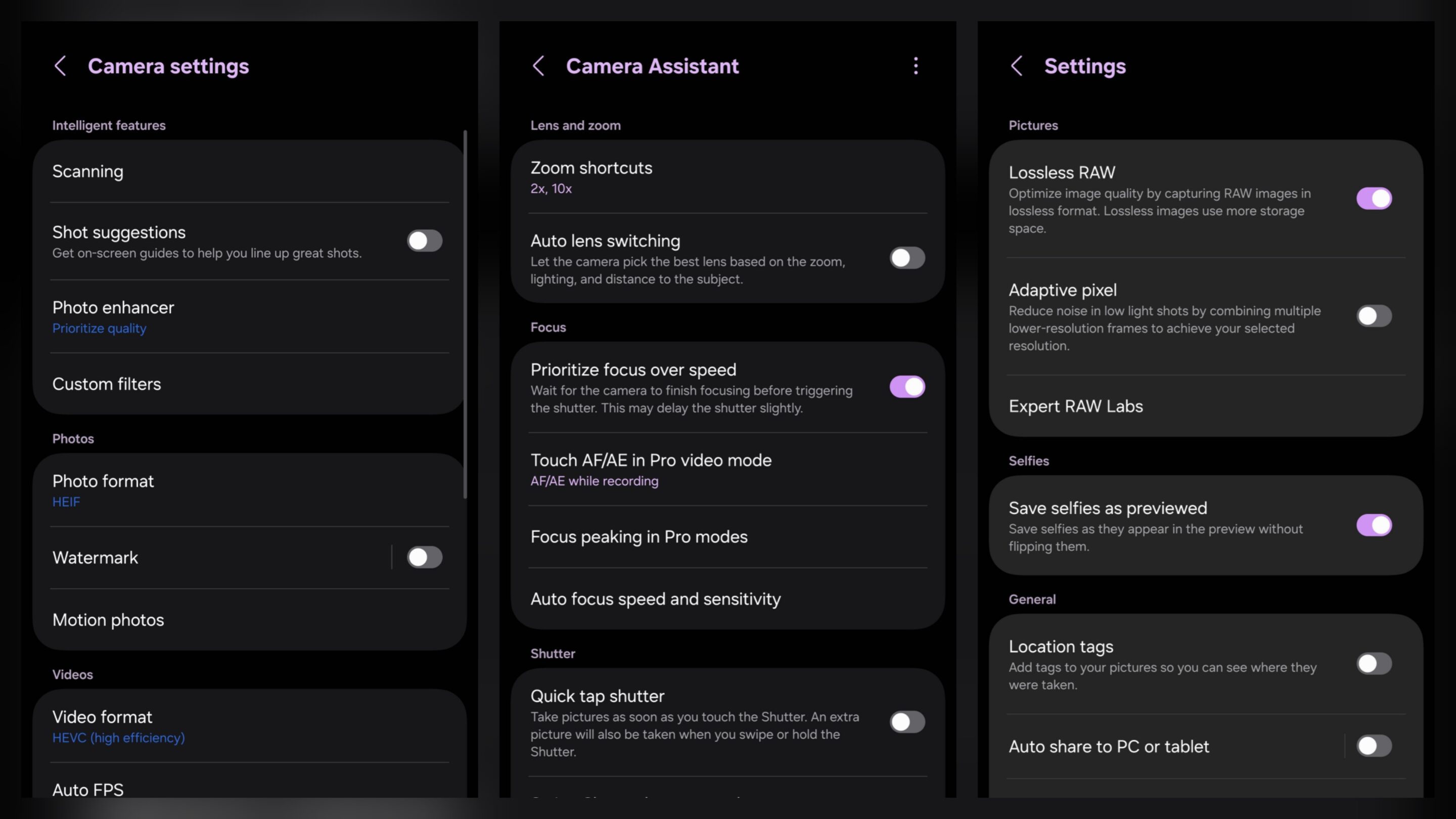 Samsung 3 camera settings