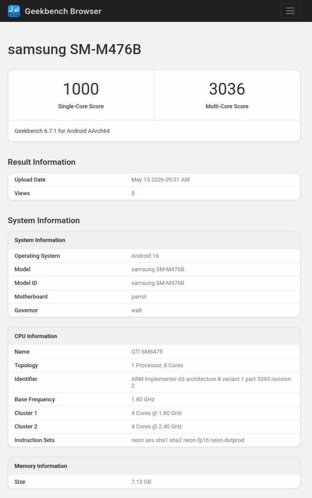 Galaxy M47 Geekbench CPU